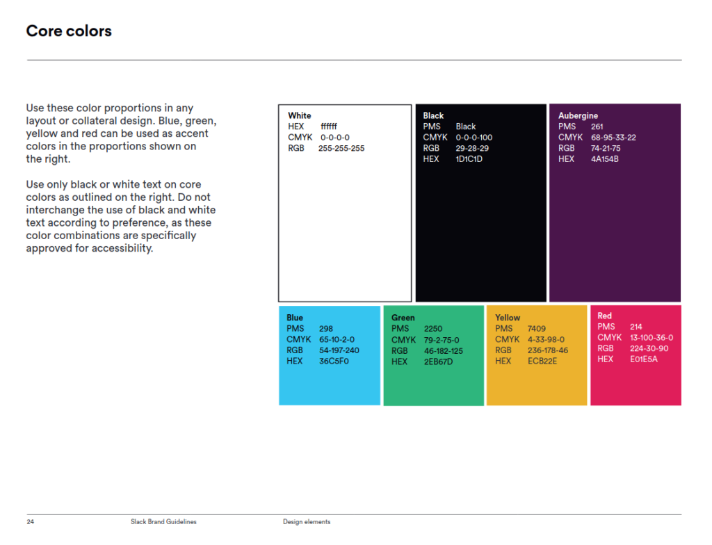 Présentation des couleurs sur la charte graphique de Slack