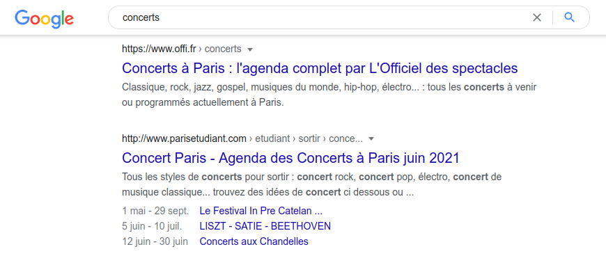exemple de rich snippets pour la requête "concerts" présentant les dates et prochains concerts à Paris